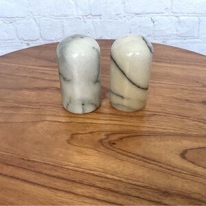 Vintage Polished White and Gray Marble Salt and Pepper Shakers